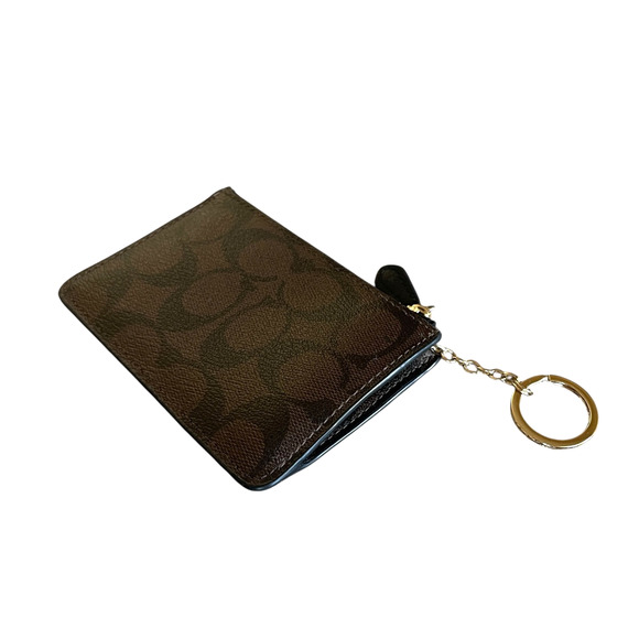 COACH Dark Brown Signature Canvas Leather Credit Card Holder Coin Purse Key Ring - Picture 6 of 7